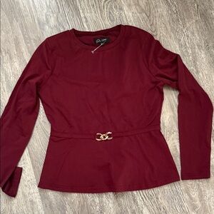 Chic Long Sleeve Burgundy Top with Belt